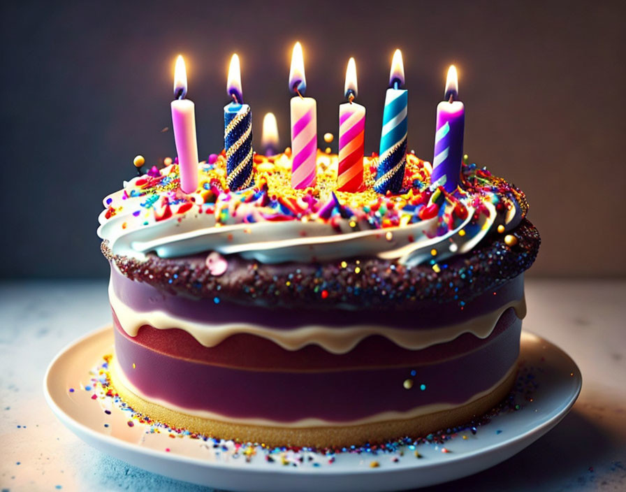 Vibrant birthday cake with lit candles and sprinkles on table