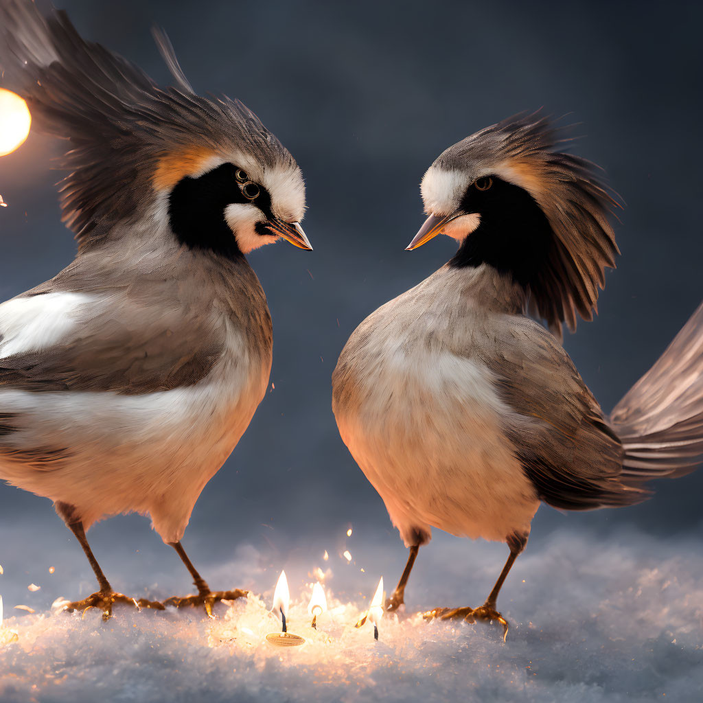 Bearded Reedlings on Snowy Perch with Glowing Light