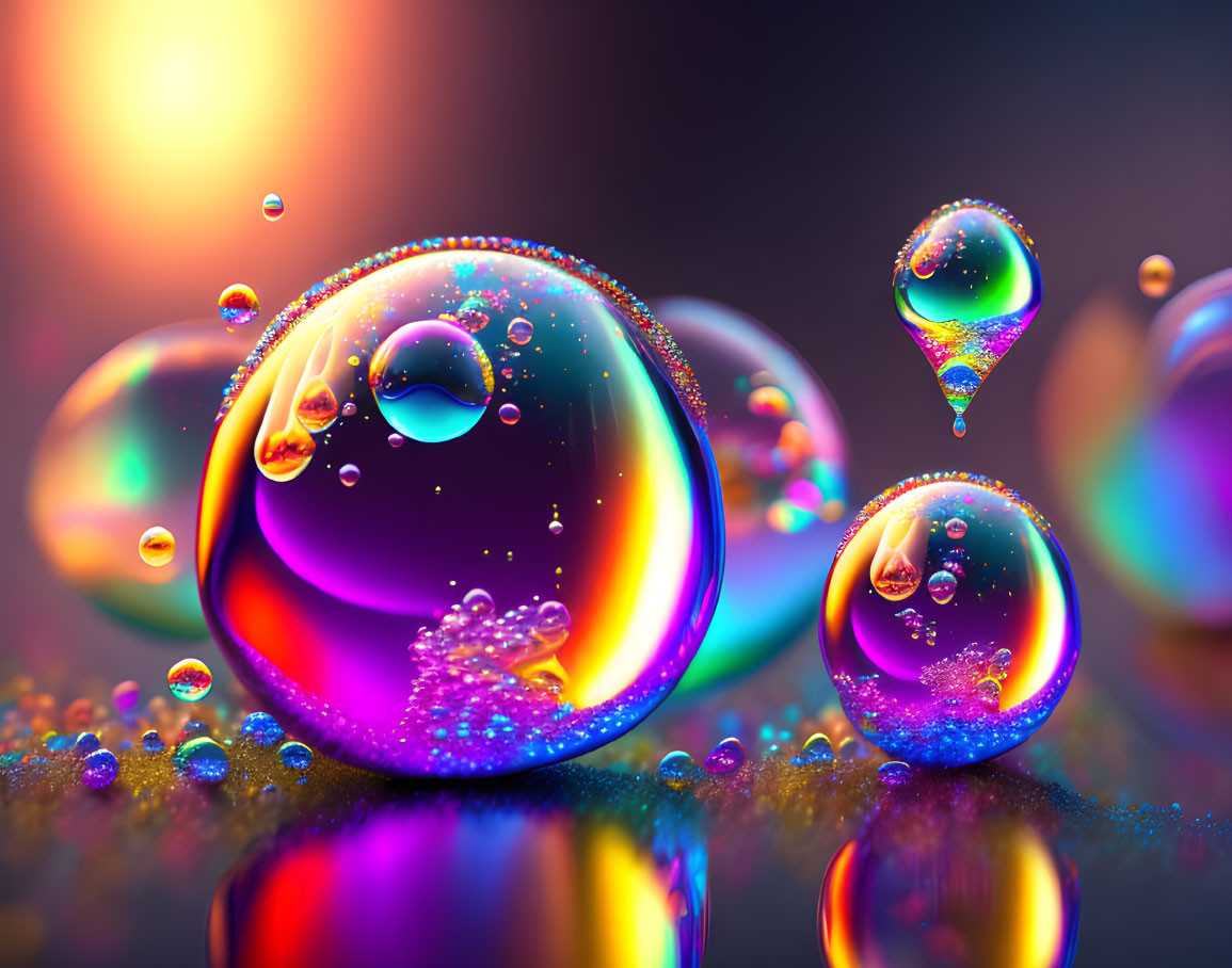 Colorful Bubbles Reflecting Light on Reflective Surface