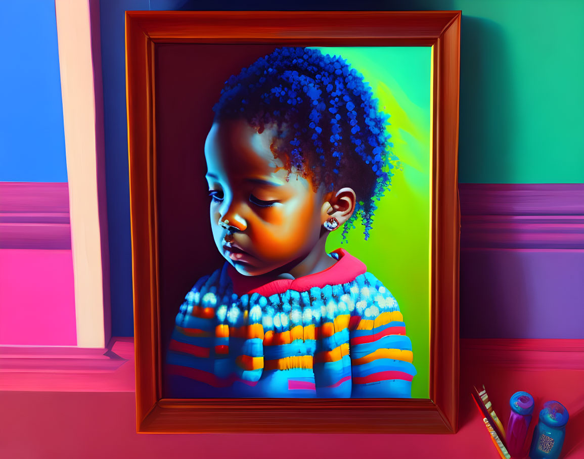 Colorful Child Portrait with Blue Hair Highlights and Crayons on Pink Shelf