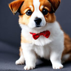 Tricolor Pembroke Welsh Corgi puppy with red bow tie against grey background