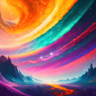 Colorful digital artwork: Otherworldly landscape with orange skies, cosmic mountains.