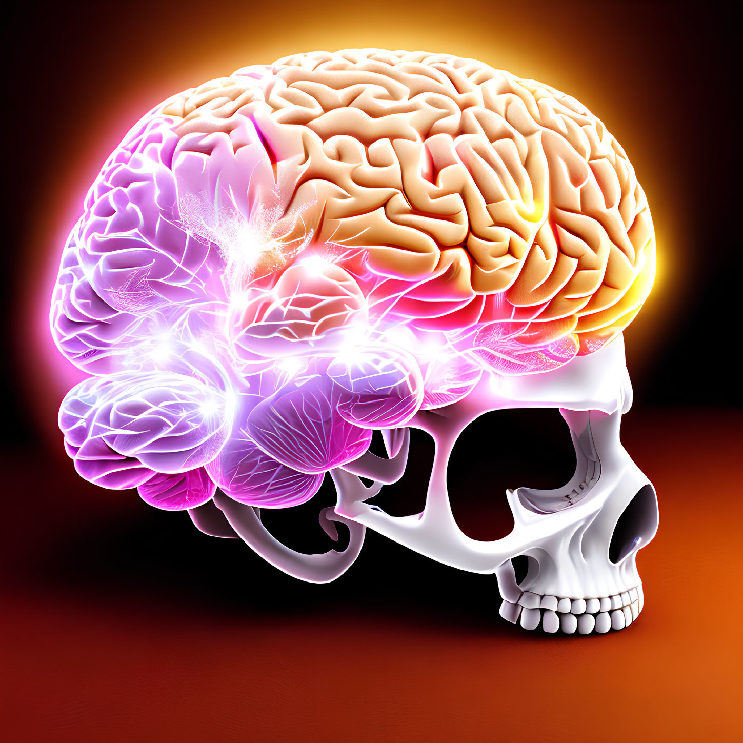 Detailed illustration of human skull with transparent brain showing colorful sections and electrical activity