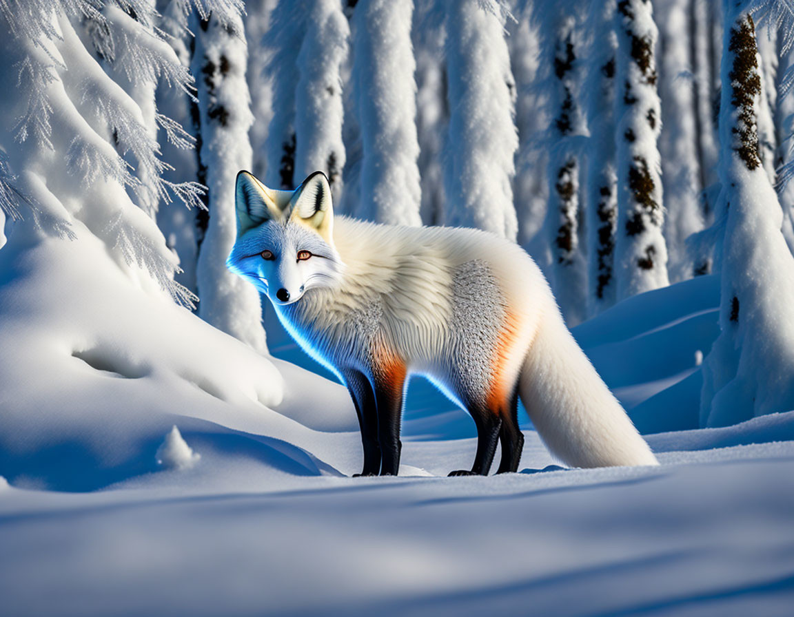 Red Fox in Snowy Forest with Sunlit Trees and Sharp Shadow