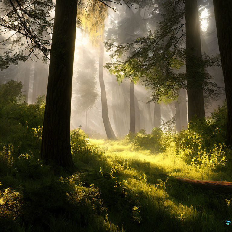 Misty forest with sunlight filtering through lush green foliage