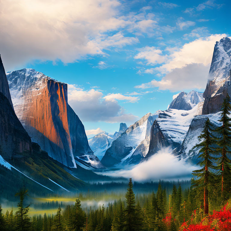 Majestic mountain peaks, misty valley, evergreen trees, red wildflowers, and blue