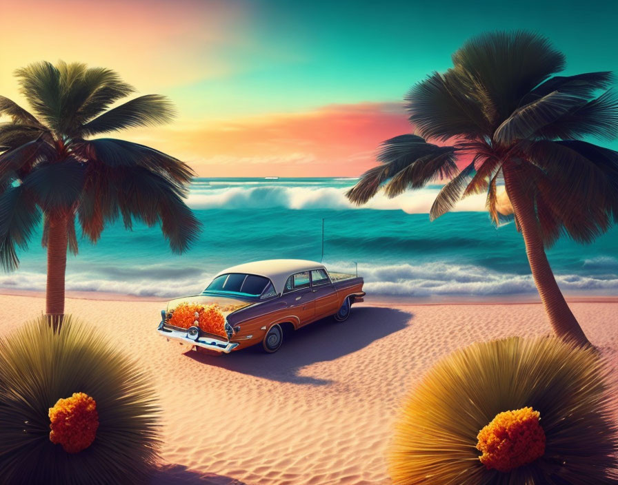 Classic Car on Sandy Beach at Sunset with Palm Trees & Ocean Waves