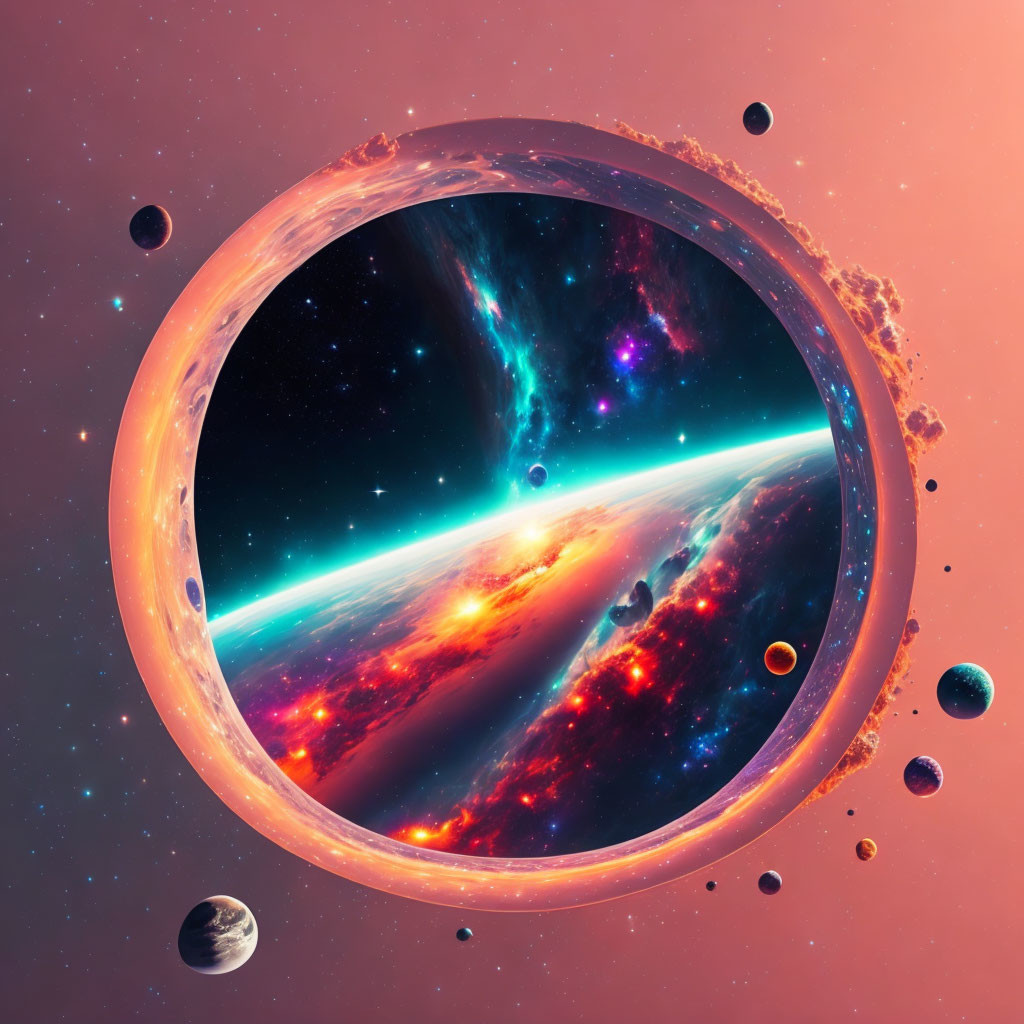 Circular cosmic portal overlooking vibrant space scene with stars, nebulas, planets.