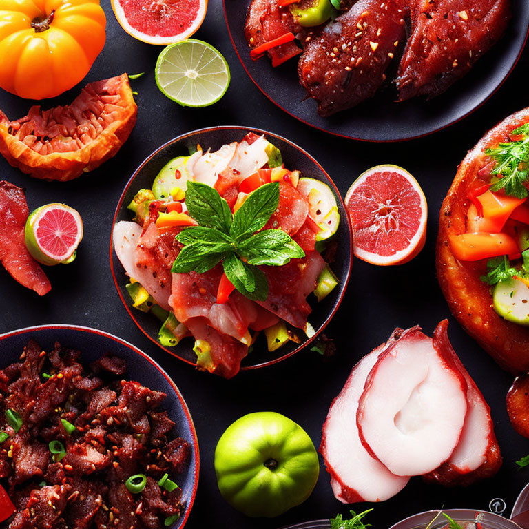 Gourmet dishes with meats, veggies, herbs, and citrus on elegant dark backdrop