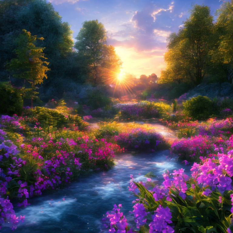 Tranquil landscape with stream, purple flowers, sunset sky, and lush trees