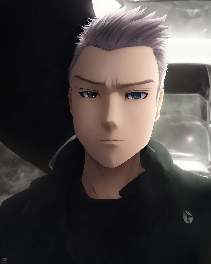 Spiked gray hair, blue eyes, serious expression, black collared shirt with silver pin