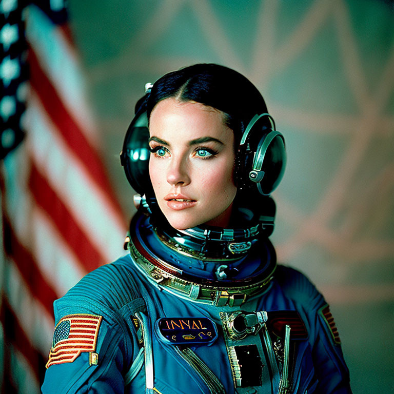 Detailed Astronaut Woman in American Flag Suit with Helmet and Microphone gazing at Stars