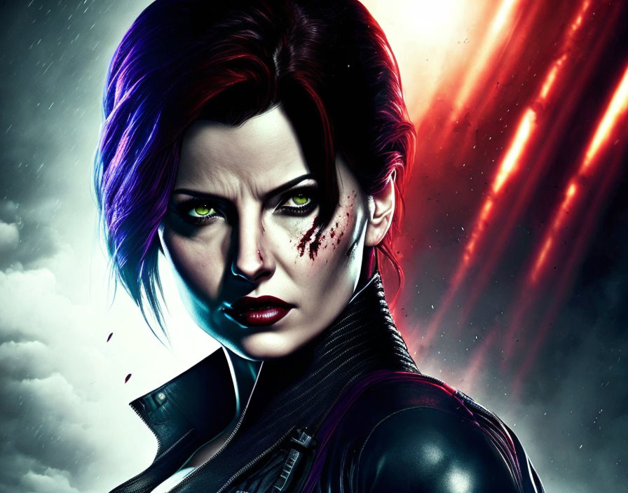 Digital Artwork: Female Character with Purple and Black Hair, Green Eyes, and Cosmic Background