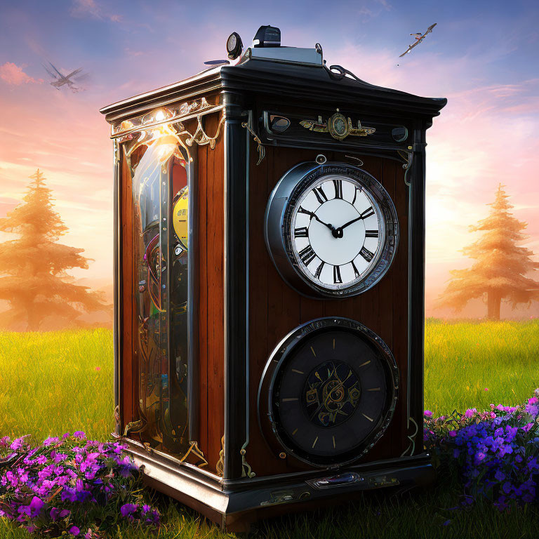 Grandfather Clock with Visible Gears Against Twilight Sky