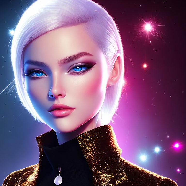 Digital artwork: Woman with platinum blonde hair, blue eyes, bold makeup, cosmic background