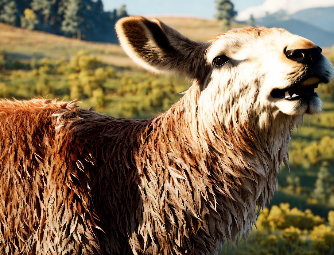 Llama with humorous expression in sunny field with mountains