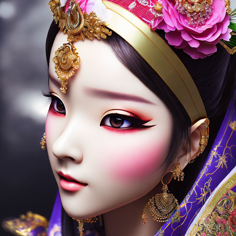 Detailed Close-Up of Female Figure with Traditional Makeup and Golden Headpiece