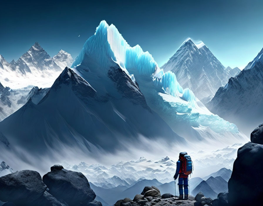 Person in Red Jacket Standing Before Snowy Mountains and Blue Ice Formations