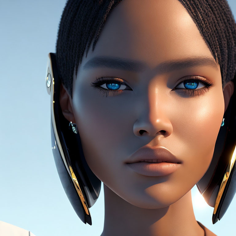 Female Humanoid with Cybernetic Enhancements and Blue Eyes on Blue Background