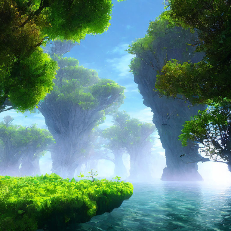 Mystical forest with colossal tree trunks and serene waterbody
