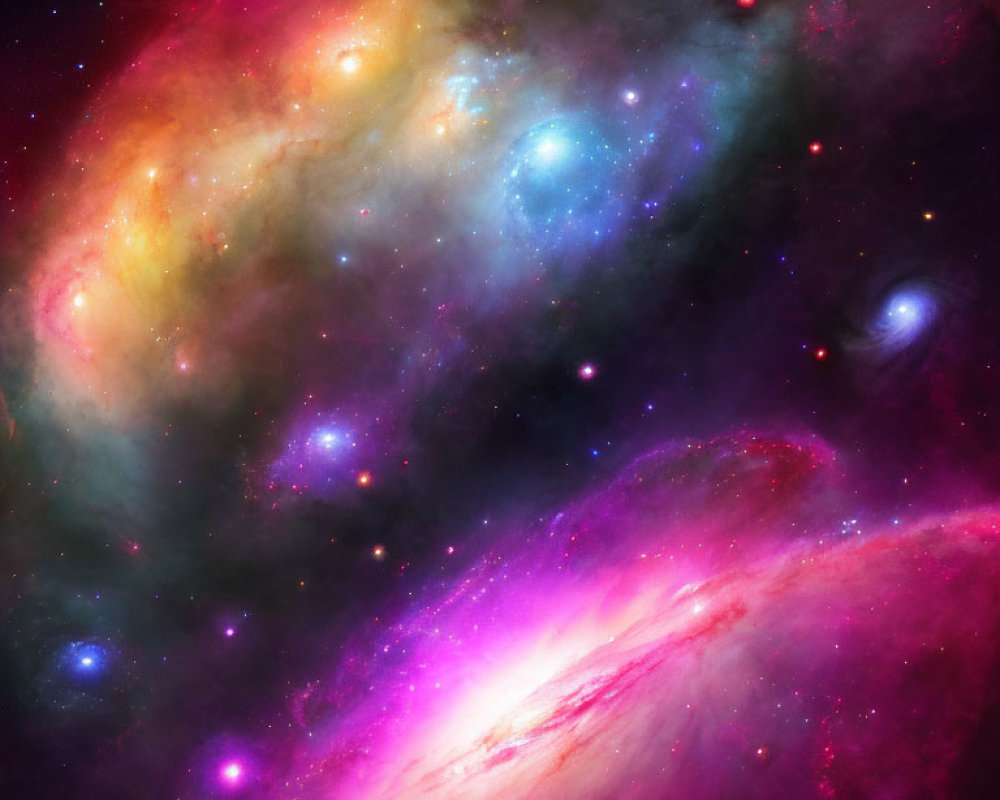 Colorful Swirling Galaxies and Stars in Pink, Blue, and Yellow