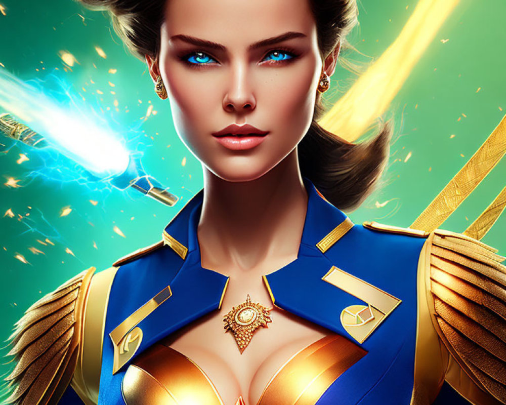 Brunette woman in superhero costume with striking blue eyes and gold accents.