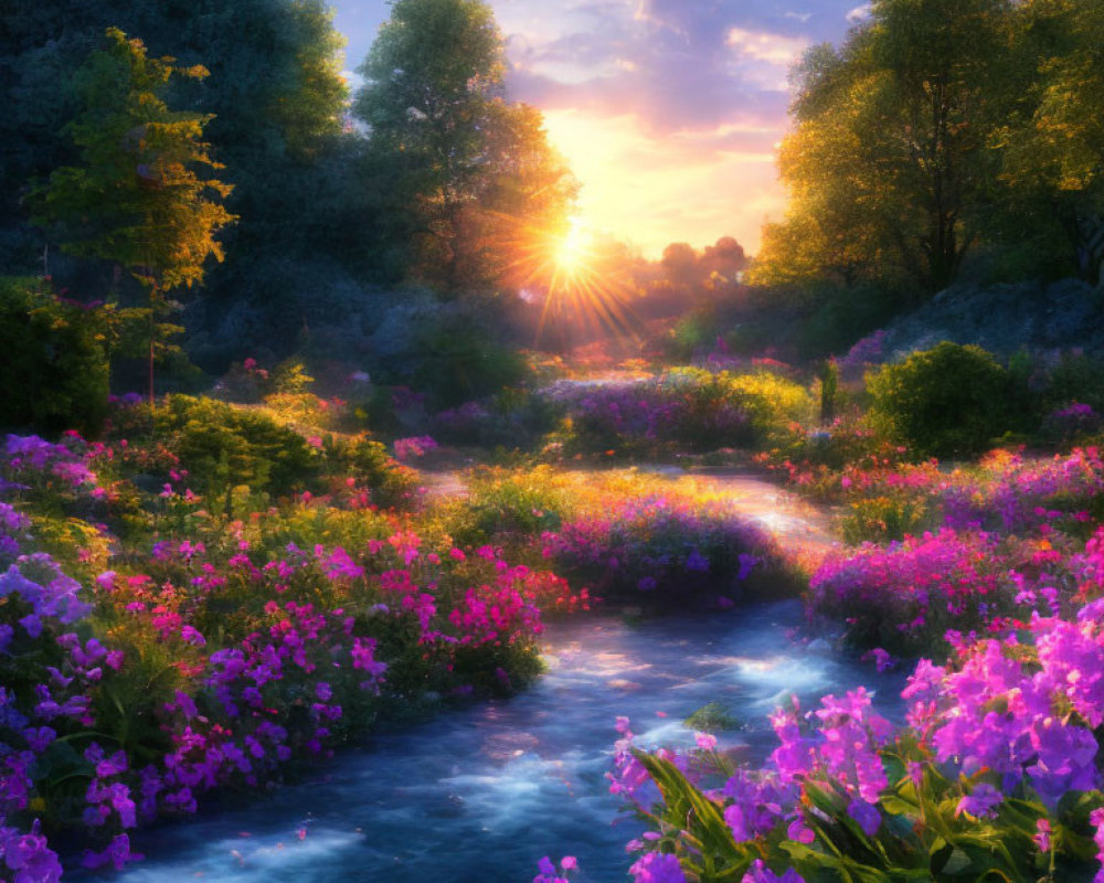 Tranquil landscape with stream, purple flowers, sunset sky, and lush trees