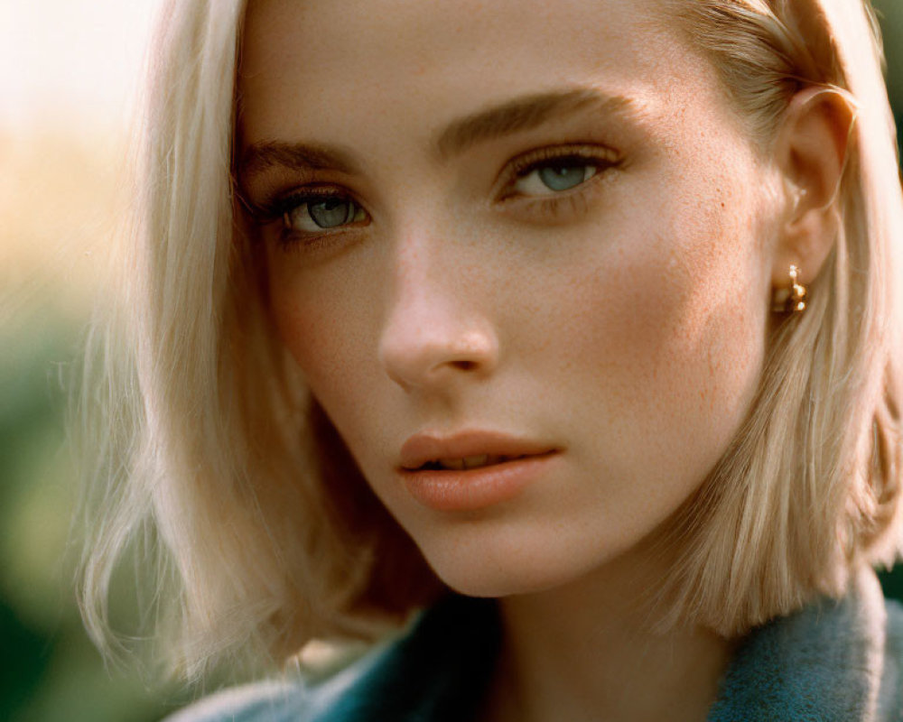 Blonde woman with green eyes and subtle makeup in soft lighting