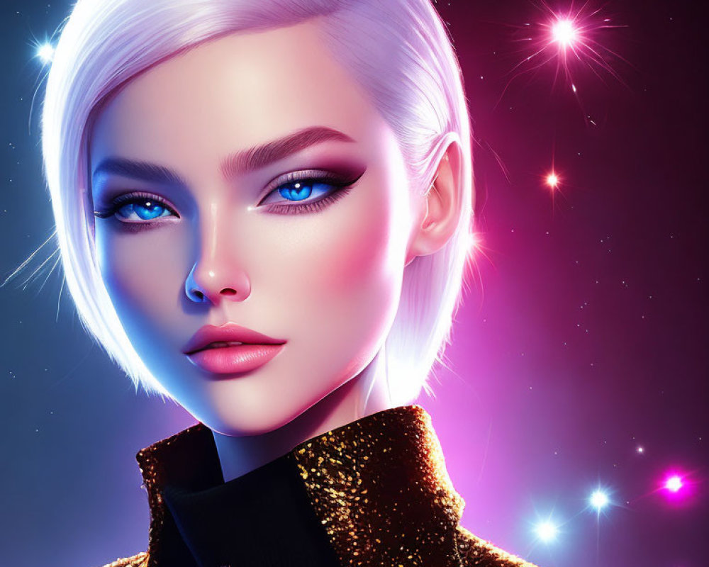 Digital artwork: Woman with platinum blonde hair, blue eyes, bold makeup, cosmic background