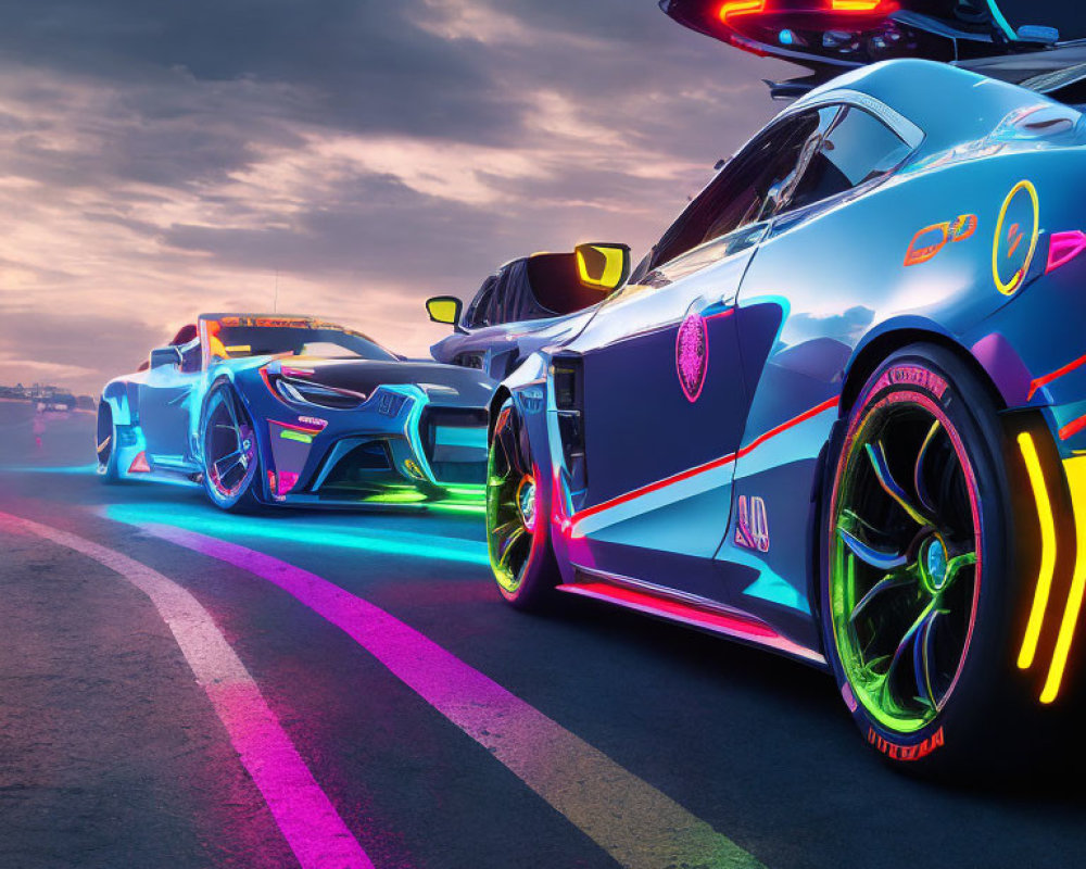 Three futuristic sports cars with neon lights parked on road at dusk