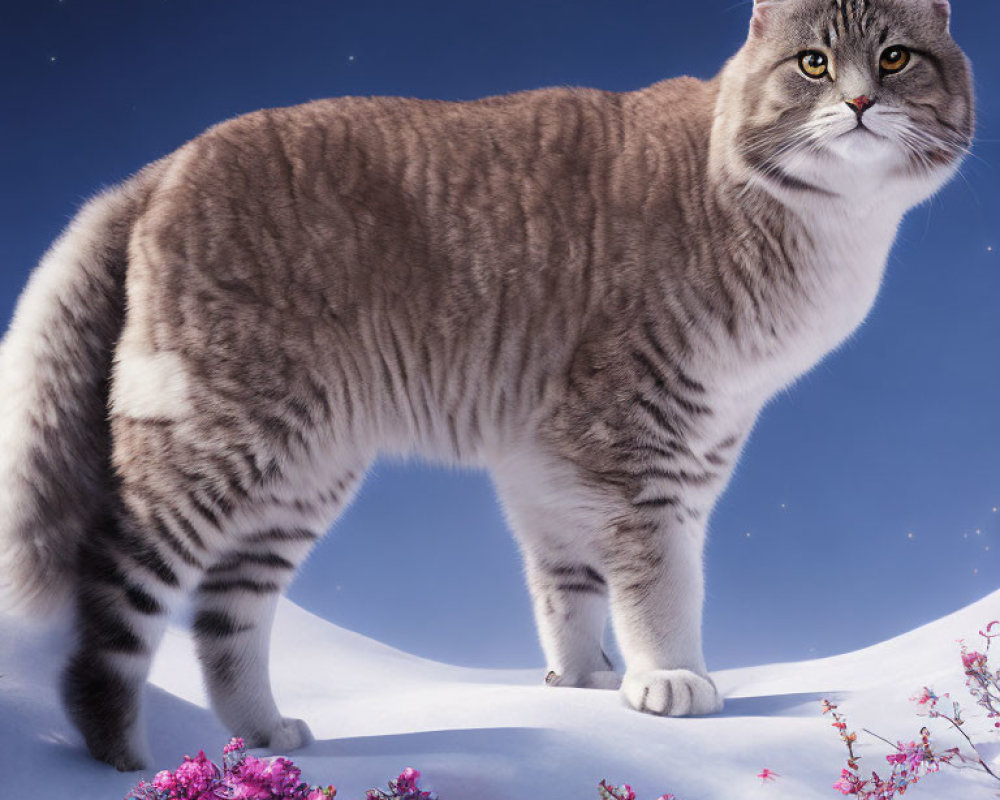 Grey and White Striped Cat on Snowy Mound Under Starry Night Sky