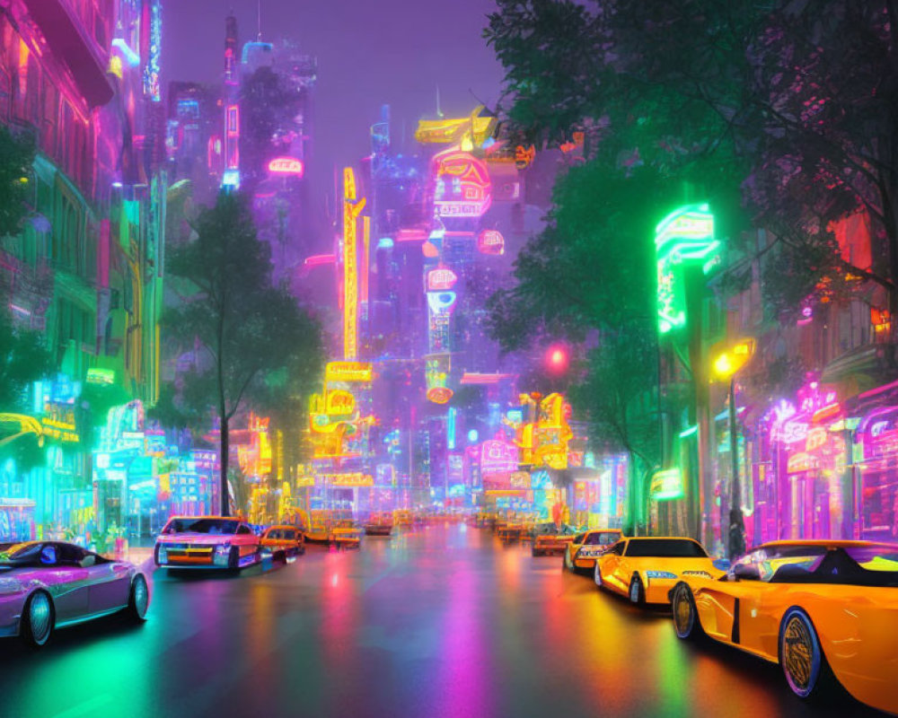 Vivid Cyberpunk City Street with Neon Lights