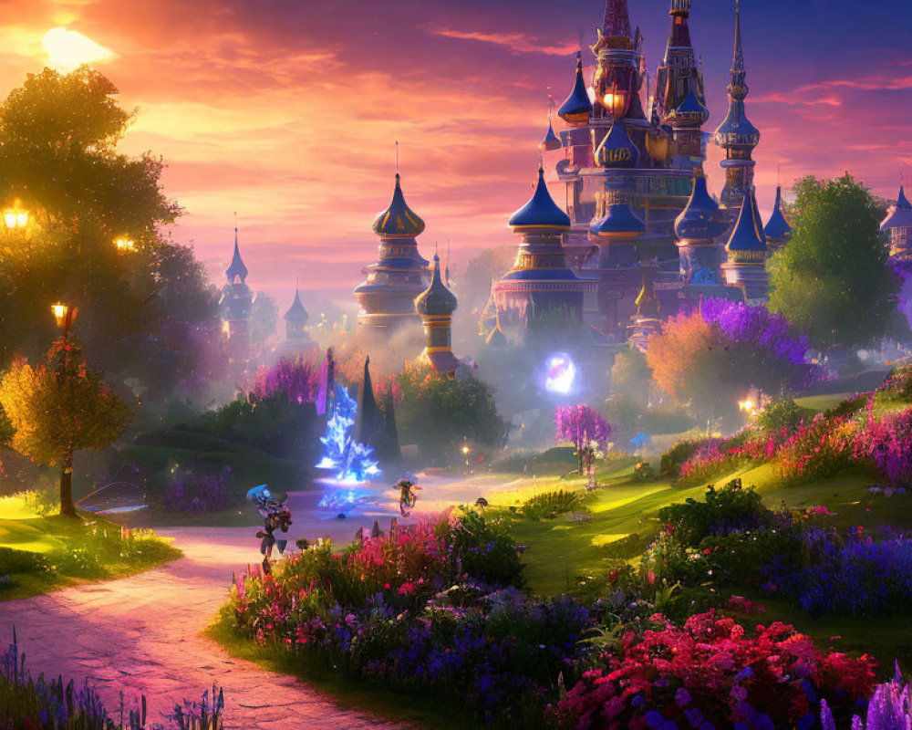 Magical castle at sunset with lush garden, sparkling river, and enchanted forest