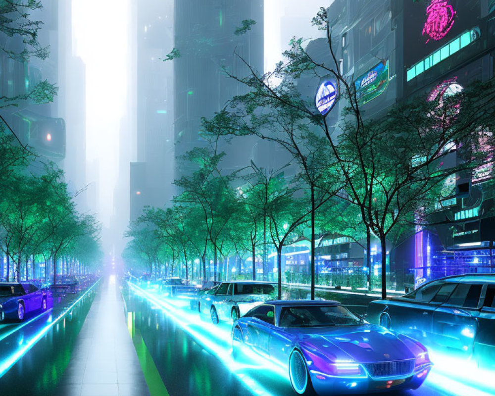 Futuristic city street at dusk with neon lights and modern cars.