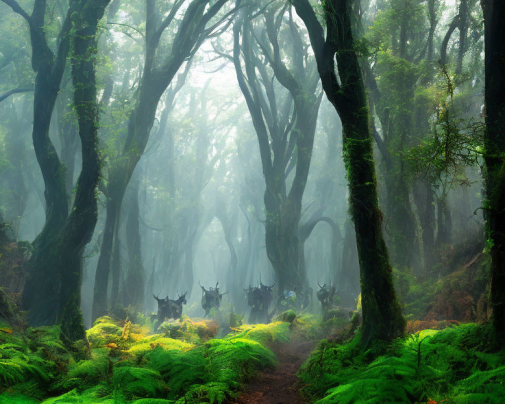 Enchanting foggy forest with gnarled trees, lush ferns, and deer in the