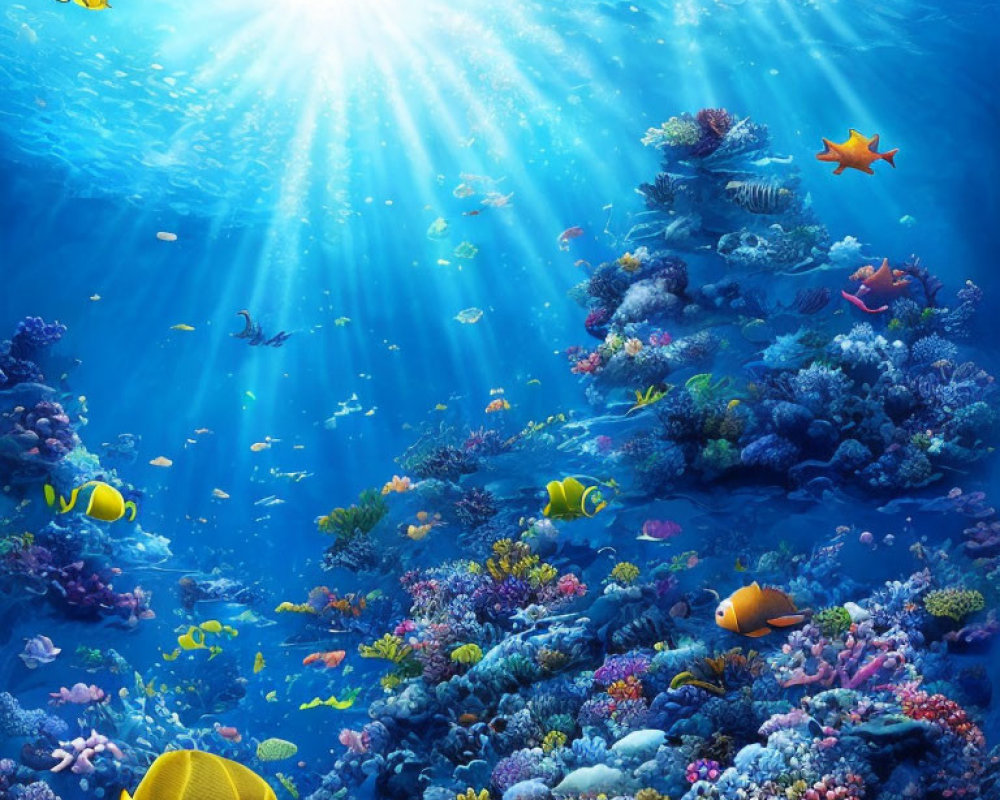 Colorful Coral Reefs and Tropical Fish in Sunlit Underwater Scene