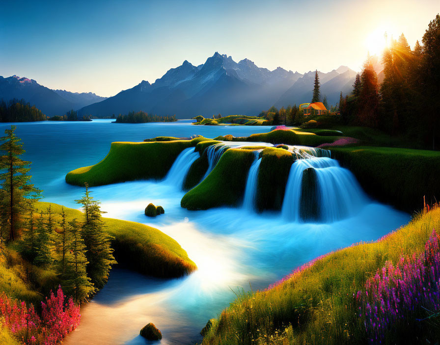 Scenic landscape with waterfall, river, mountains, and wildflowers
