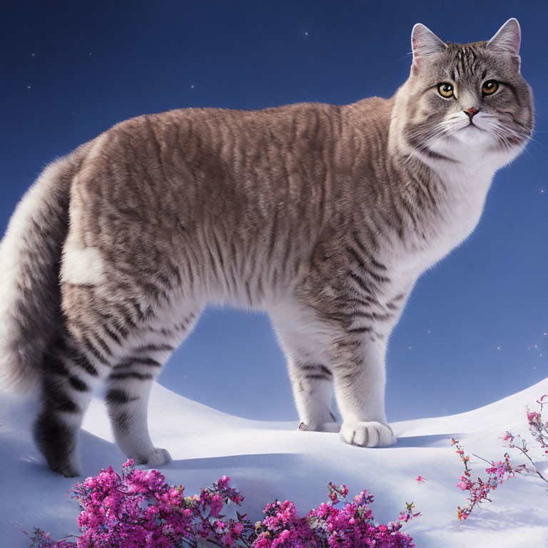 Grey and White Striped Cat on Snowy Mound Under Starry Night Sky