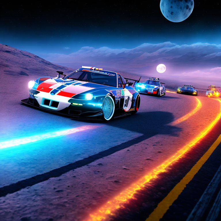 Neon underglow race cars on desert road at twilight