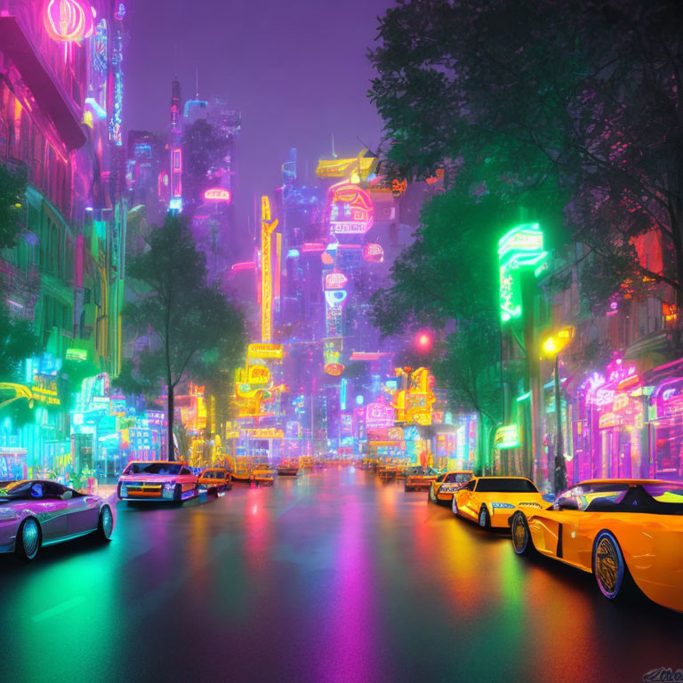 Vivid Cyberpunk City Street with Neon Lights