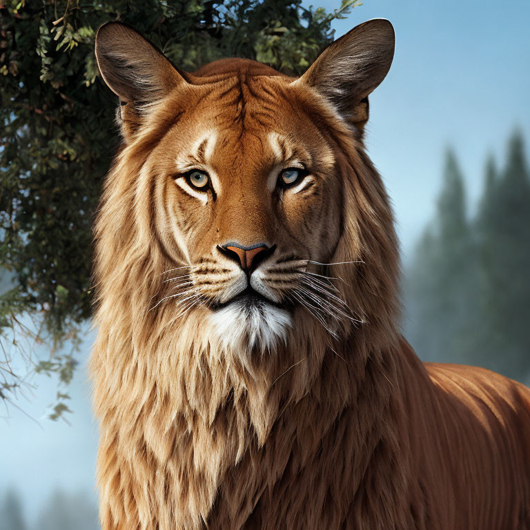 Majestic lion with human-like eyes and hair in forest setting