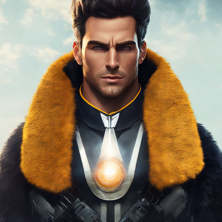 Male character in futuristic armor with glowing chest piece and fur-lined collar on blue sky background.
