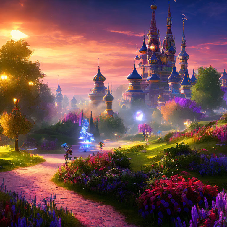 Magical castle at sunset with lush garden, sparkling river, and enchanted forest