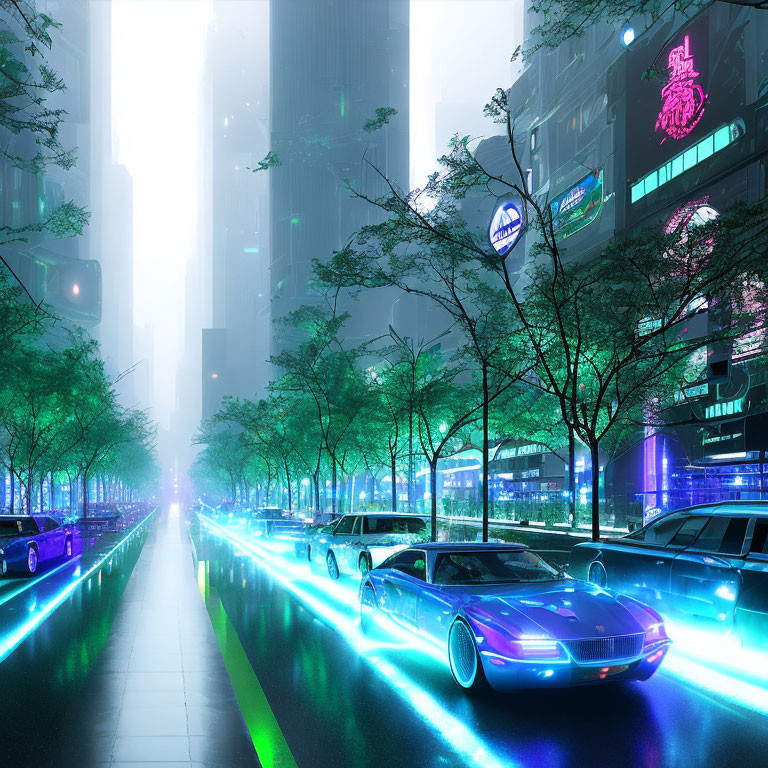 Futuristic city street at dusk with neon lights and modern cars.