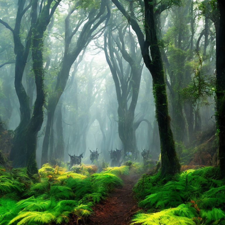 Enchanting foggy forest with gnarled trees, lush ferns, and deer in the