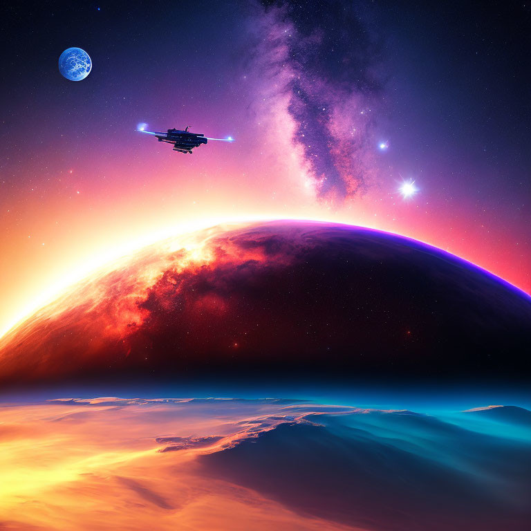 Colorful Spaceship Flying Over Vibrant Planet in Starry Space