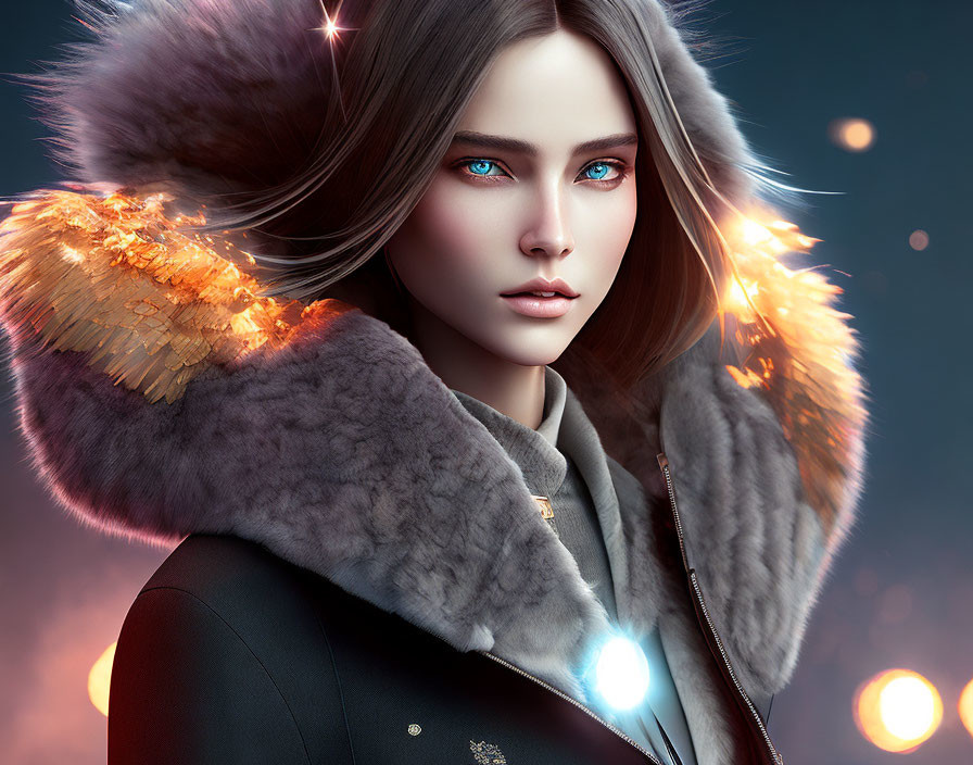 Digital portrait: Woman with blue eyes, angel wings, fur coat, bokeh background