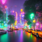 Vivid Cyberpunk City Street with Neon Lights