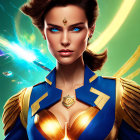Brunette woman in superhero costume with striking blue eyes and gold accents.