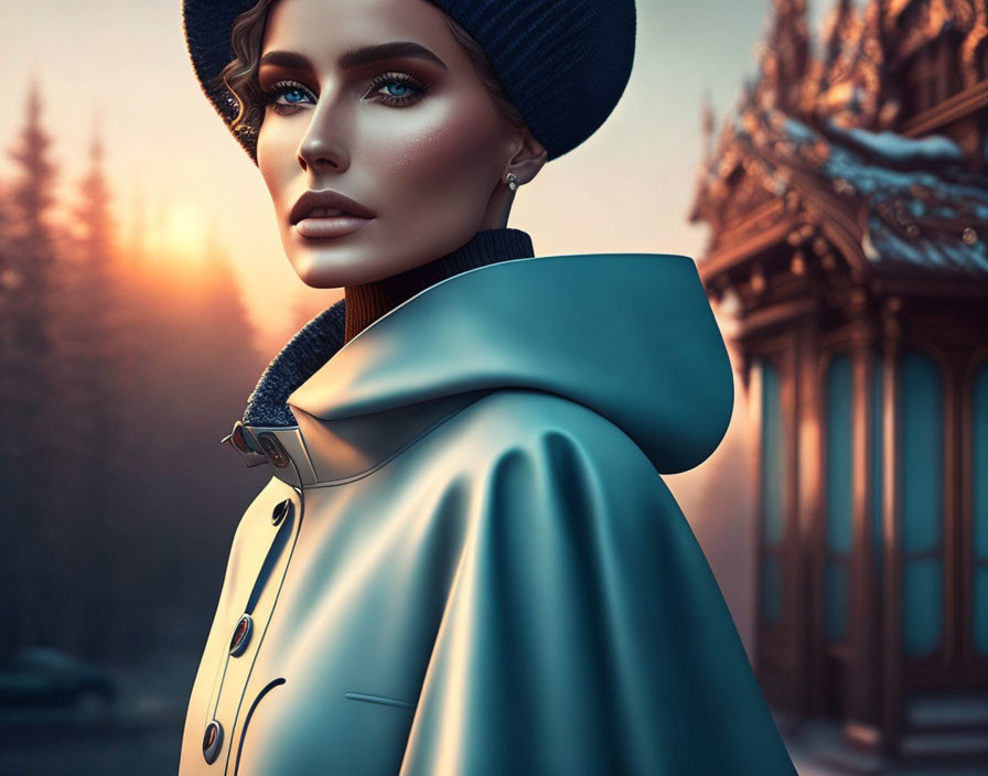 Digital portrait of woman with blue eyes in chic coat and beret against autumn sunset.